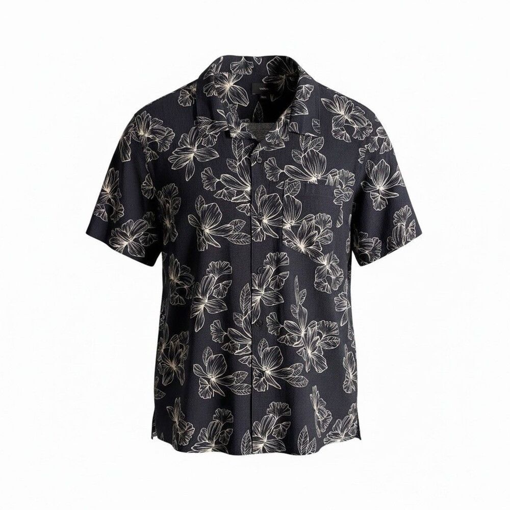 VINCE Shirt Mens XXL Black Floral Short Sleeve Linen Blend Pocket Button Up
